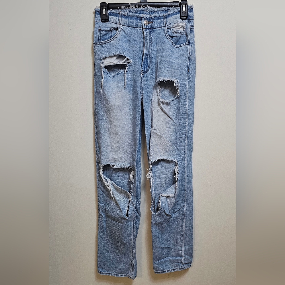 S.O.N.G. 1/25 90s Boyfriend Jean light wash distressed‎ fringe waist hem